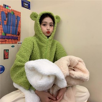 情侶秋裝2025新款仿羊毛羔可愛耳朵連帽衛衣女潮ins韓版寬松上衣