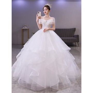 新娘一字肩2025主婚紗高級感法式宮廷公主風森系簡約出門輕紗冬季