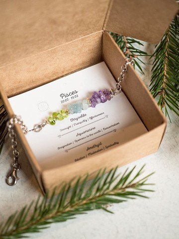 雙魚座水晶手鍊，銀，原橄欖石，海藍寶石，紫水晶