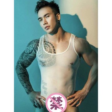 男士網紗連體內衣免穿內褲透明無袖性感純色夏季彈力緊身家居服