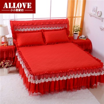 韓式公主蕾絲刺繡床罩婚慶紅夾棉1.8/2.0床裙床頭罩1.5席夢思床套