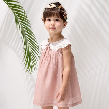 PIPPY浪漫紗棉優雅蕾絲領片洋裝 粉-120