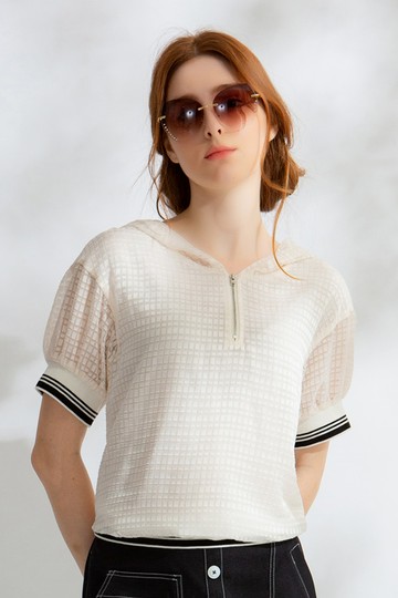 MW  連帽格紋拚接羅紋短袖上衣