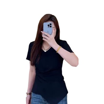大碼女裝黑色V領不規則掐腰上衣夏季新款胖mm遮肉顯瘦正肩短袖t恤