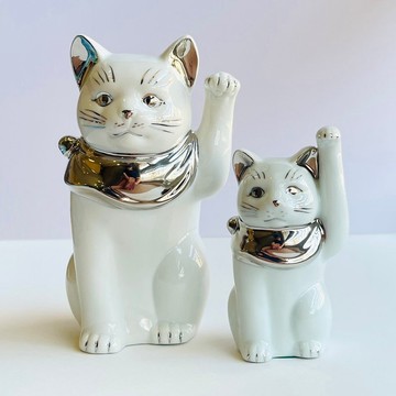 幸運招福銀領巾純白招財貓-13cm/19cm