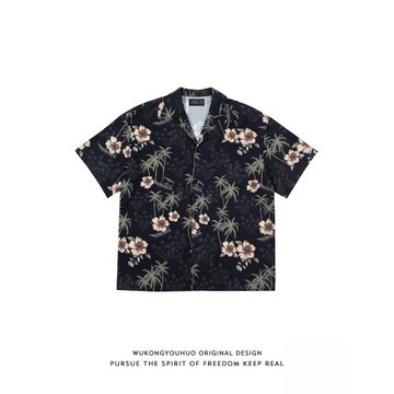 悟空有貨夏威夷椰樹印花上衣短袖襯衫男夏季潮牌寬松情侶沙灘襯衣