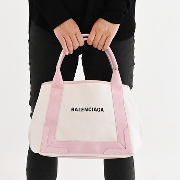BALENCIAGA 巴黎世家 339933 NAVY 厚帆布皮飾邊手提托特包.粉邊