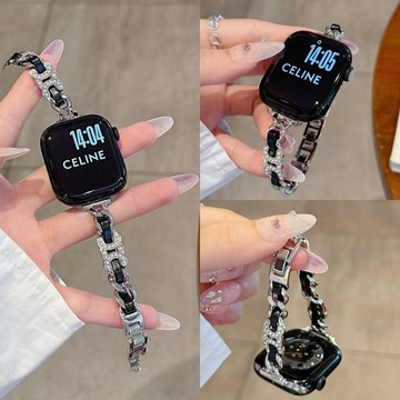 「台灣出貨」適用 APPLE WATCH 雙C鑲嵌珍珠串皮 蘋果錶帶 S11 SE3 S10 46mm 44mm女士錶帶