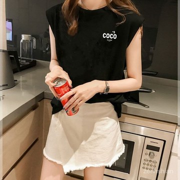 夏季上衣 設計感 棉t 大尺碼上衣 大碼背心 韓國女裝 印花t桖 圓領上衣 無袖背心 t桖 寬鬆上衣 寬鬆遮肚 休閒上衣