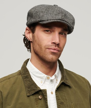 Superdry Mens Fully Lined Herringbone Baker Boy Cap, Dark Grey Size: 1SIZE