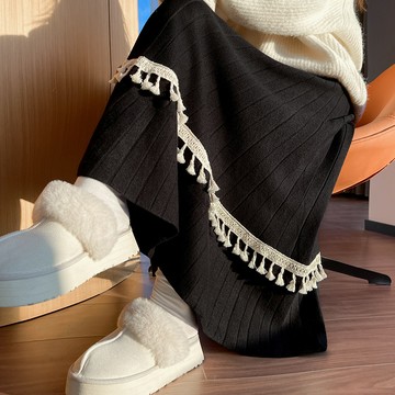 實拍 百褶流蘇拼接針織半身裙女2025秋冬軟糯高腰A字大擺毛線裙