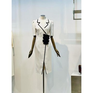 高端2023新時尚驚艷西裝領短袖通勤蝴蝶結拼接中長款開叉連衣裙夏