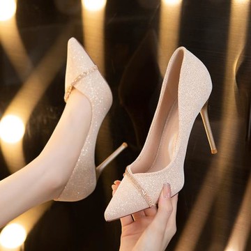 高跟鞋女2024年新款春秋尖頭細跟伴娘鞋禮服婚鞋性感氣質宴會單鞋