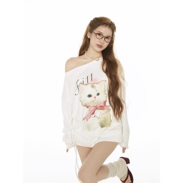Fri11 原創設計可愛貓咪油畫印花寬松罩衫竹節棉長袖斜肩露肩上衣
