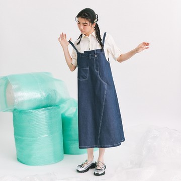 【Dailo】不對襯設計仿牛仔吊帶無袖洋裝 淺藍 深藍