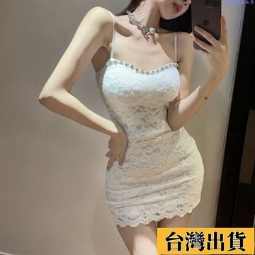 🌷新店優惠🌷性感蕾絲吊帶連衣裙鑲鑽氣質收腰包臀短裙女辣妹裙子個性女裝 韓版女裝 夜場女裝 尾牙洋裝 尾牙女裝 宴會服