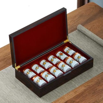 陶瓷茶葉罐小號合金蓋中式密封罐十二罐黑檀木禮盒黑枸杞家用送禮