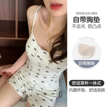 綺夢織語🌙 純慾少女蝴蝶結帶胸墊吊帶睡衣夏天女2025新款背心短褲家居服套裝睡衣 夏季睡衣