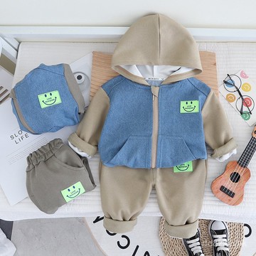 【台灣出貨】男童春秋套裝 男童長袖兩件套 兒童牛仔帽衫 童裝新款韓版笑臉牛仔帽衫兩件套長袖男童兒童春裝童套裝潮