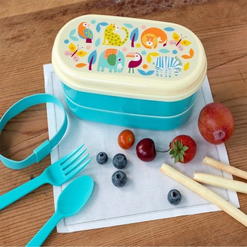 《Rex LONDON》附餐具雙層便當盒-熱帶動物-- 環保餐盒 保鮮盒 午餐盒 飯盒