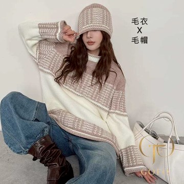GOFO 長袖毛衣 贈毛帽 不刺膚 韓系穿搭 時尚個性有型 緹花撞色 慵懶風 圓領針織衫 冬季服飾 冬天女裝 保暖