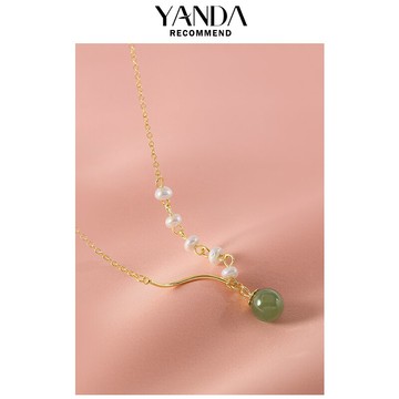 艷炟925純銀珍珠拼接項鏈2021年新款女夏季氣質祖母綠玉石鎖骨鏈