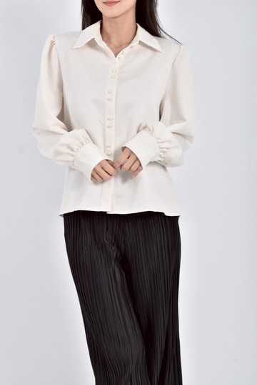 (L) herish韓牌質感雪紡珍珠排扣白色襯衫上衣