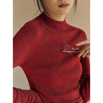 紅色內搭打底法式復古針織毛衣2025女秋冬蛇年半高領修身顯瘦上衣