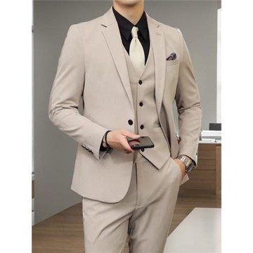 新郎西服套裝男休閑修身卡其色結婚禮服高級感西裝男大碼訂婚帥氣