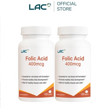 【LAC利維喜】2入組 葉酸400食品錠100錠(葉酸400mcg/備孕首選/孕養調理/素食可)