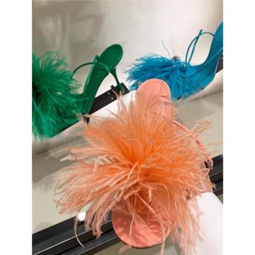 鴕鳥毛一字帶露趾夾腳羅馬涼鞋女2025新款夏季毛毛高跟鞋細跟性感