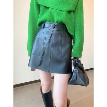 PINKEEN黑色復古小皮裙半身裙女2025年秋季新款高腰時尚A字PU短裙