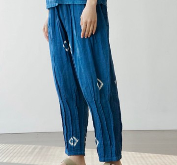 【棉麻手工藍染】 鬆緊腰三色/口袋皺褶褲