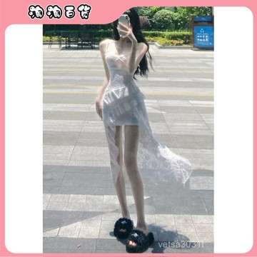 🔥臺灣最低價🔥【店鋪熱銷】純慾風性感辣妹穿搭白色蕾絲吊帶連衣裙僊女夏海邊度假不規則長裙