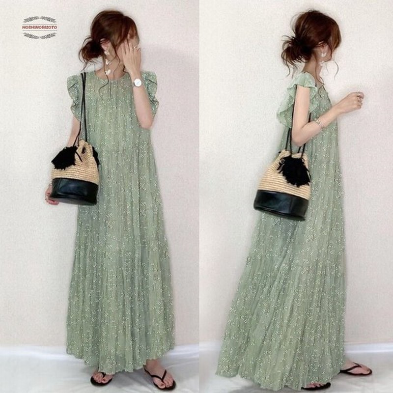 ロングワンピース 花柄 緑 ワンピース ロングワンピ レディース マキシ丈 ワンピ ノースリーブ Aライン 体型カバー 無地 ゆったり おしゃれ きれいめ 夏 通販 Lineポイント最大0 5 Get Lineショッピング