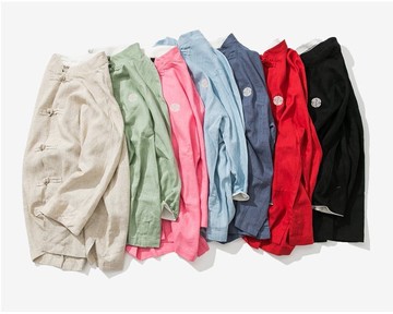 FINDSENSE H1 2018 春夏 大碼 純色 亞麻 襯衫 男  棉麻 七分袖 盤扣 襯衫