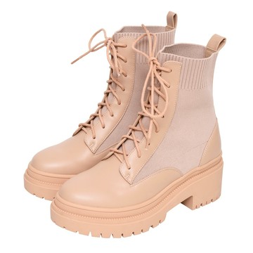 ANNSTAR High a day聯名-沉迷時髦防潑水彈力飛織綁帶軍靴5cm-杏