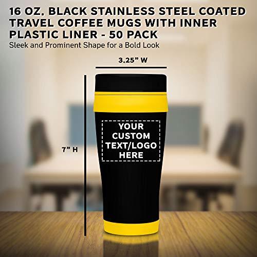 パーソナライズされた16 oz。Black Steel Travel Coffee Mug -50パックカスタムテキスト、ロゴ-イエロー