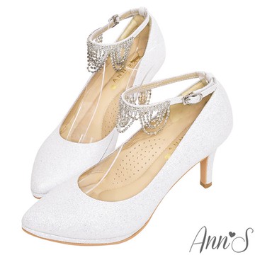 Ann’S魅力女神-繫帶鑽石流蘇防水台尖頭婚鞋-8cm-白(版型偏小)