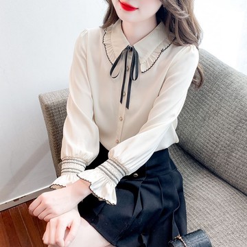 襯衫．日系拚色綁結荷葉邊翻領排釦長袖上衣．白鳥麗子