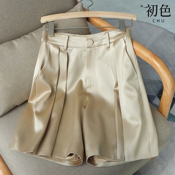 初色  休閒柔滑薄款A字高腰闊腿寬褲五分褲短褲西裝褲-共3色-68246(M-XL可選)