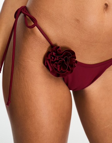 Candypants flower tie side bikini bottom in dark red-Blue