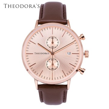 【THEODORA'S】Poseidon 中性雙眼日顯真皮手錶 雙眼粉膚-真皮深棕【希奧朵拉】