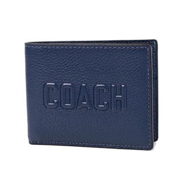 COACH 男款 荔枝紋浮雕LOGO六卡短夾-藍色
