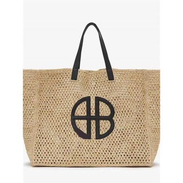 網紅同款AB品牌字母標志草編沙灘包黑色肩帶單肩大容量手提托特包
