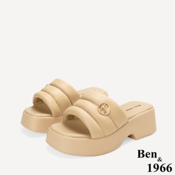 Ben&1966高級柔軟羊皮簡約厚底拖鞋-杏(256061)
