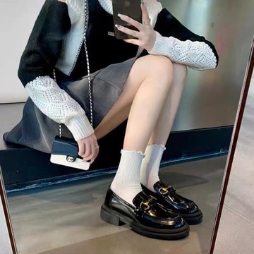 馬銜扣厚底樂福鞋女2025春季新款單鞋圓頭一腳蹬黑色英倫風小皮鞋