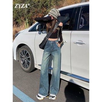 (免運)ZYZA復古藍做舊直筒牛仔褲女2026春季新款寬松顯瘦設計感闊腿褲女