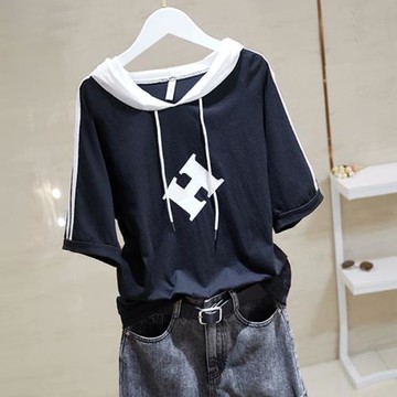 黑色短袖t恤女2025年新款夏季韓版寬松連帽半袖純棉時尚體恤上衣