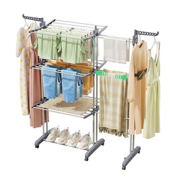 跨境熱銷三層晾衣架單柱雙柱折疊腳伸縮晾衣架多功能陽臺晾曬架